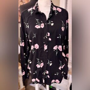 H&M Divided Black Floral Long Sleeve Button Front Blouse Women’s Small